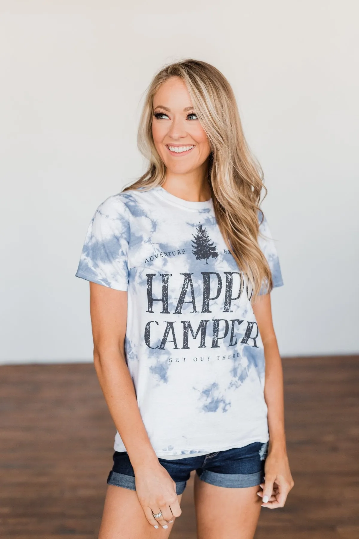 Happy Camper Tie Dye Graphic Tee- Navy & Ivory