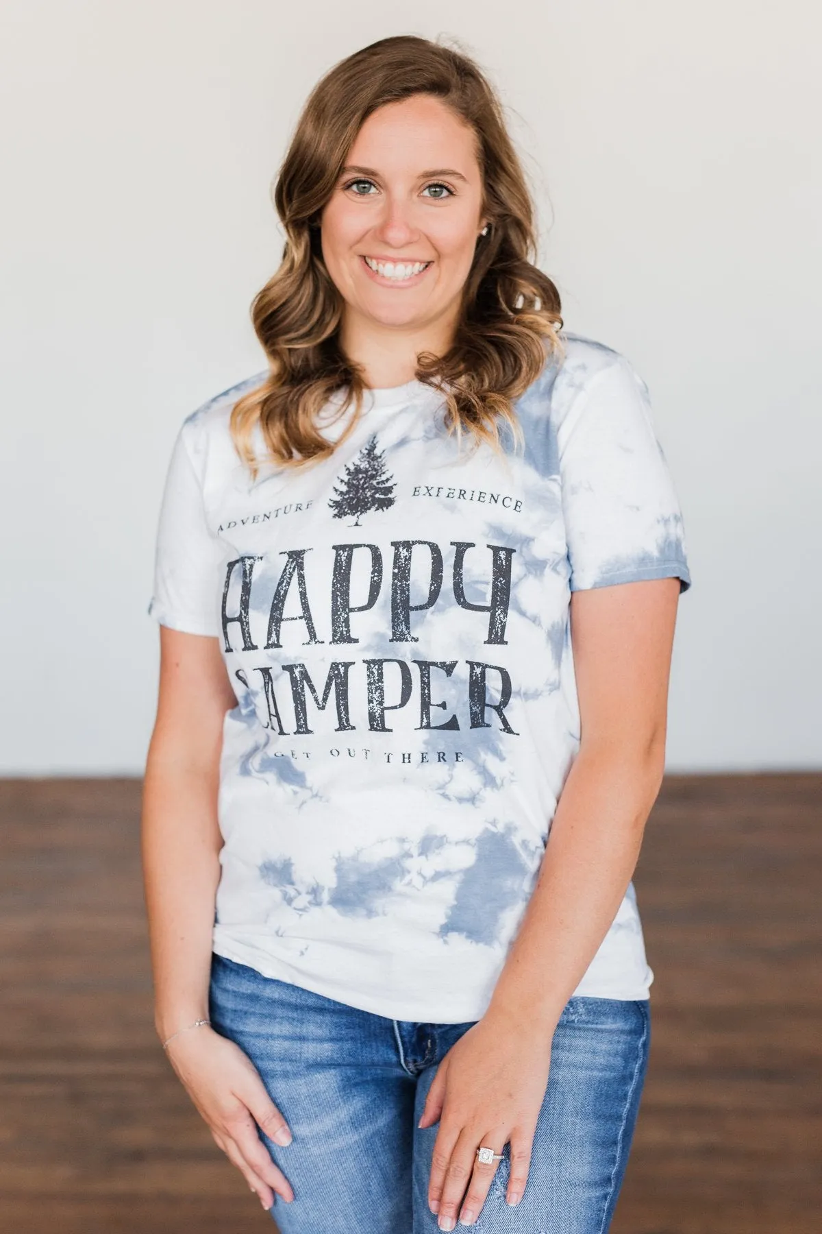 Happy Camper Tie Dye Graphic Tee- Navy & Ivory