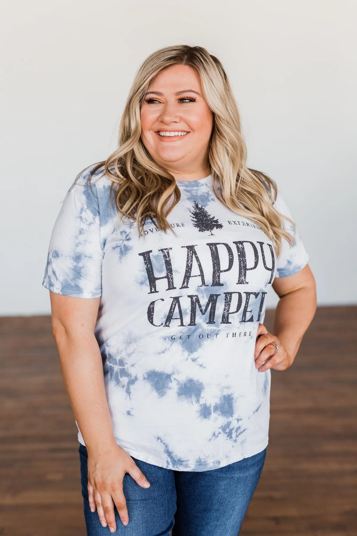 Happy Camper Tie Dye Graphic Tee- Navy & Ivory