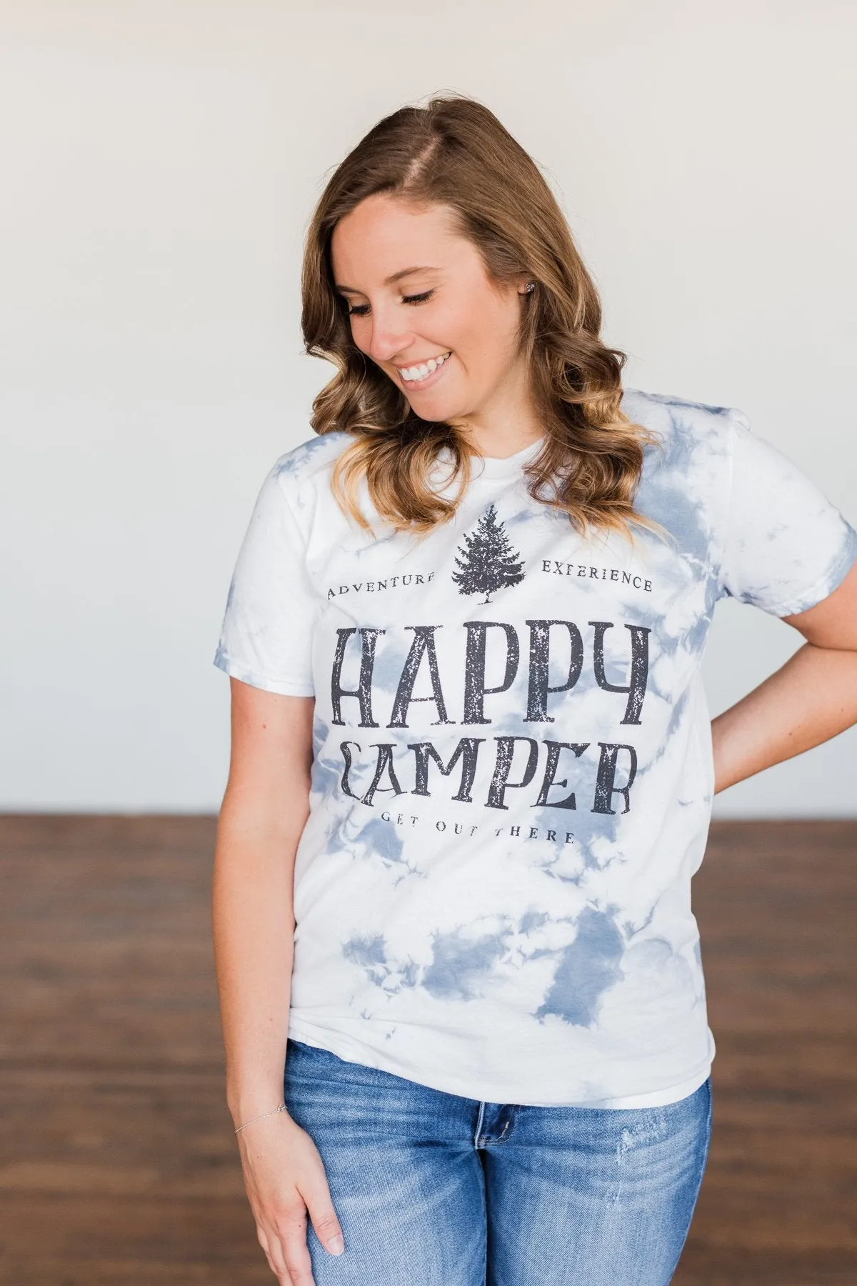 Happy Camper Tie Dye Graphic Tee- Navy & Ivory