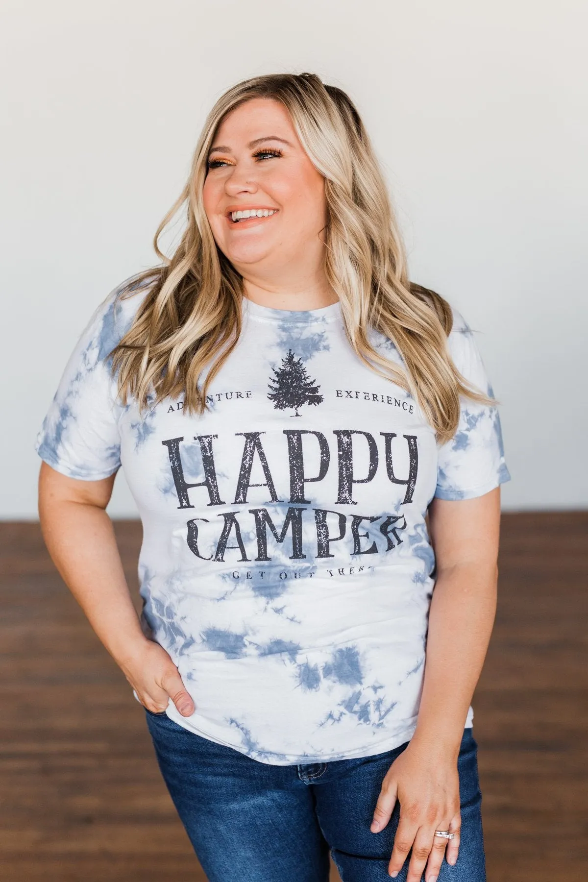 Happy Camper Tie Dye Graphic Tee- Navy & Ivory