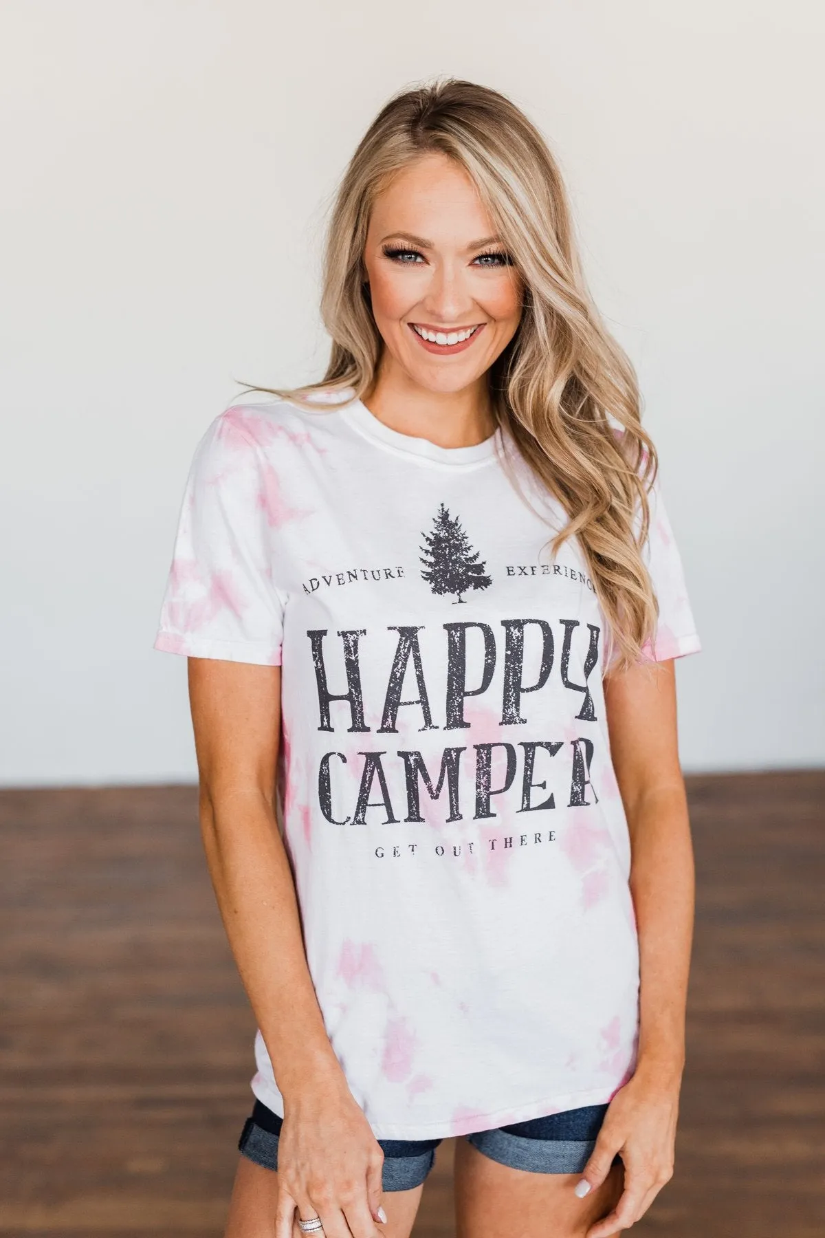 Happy Camper Tie Dye Graphic Tee- Pink & Ivory