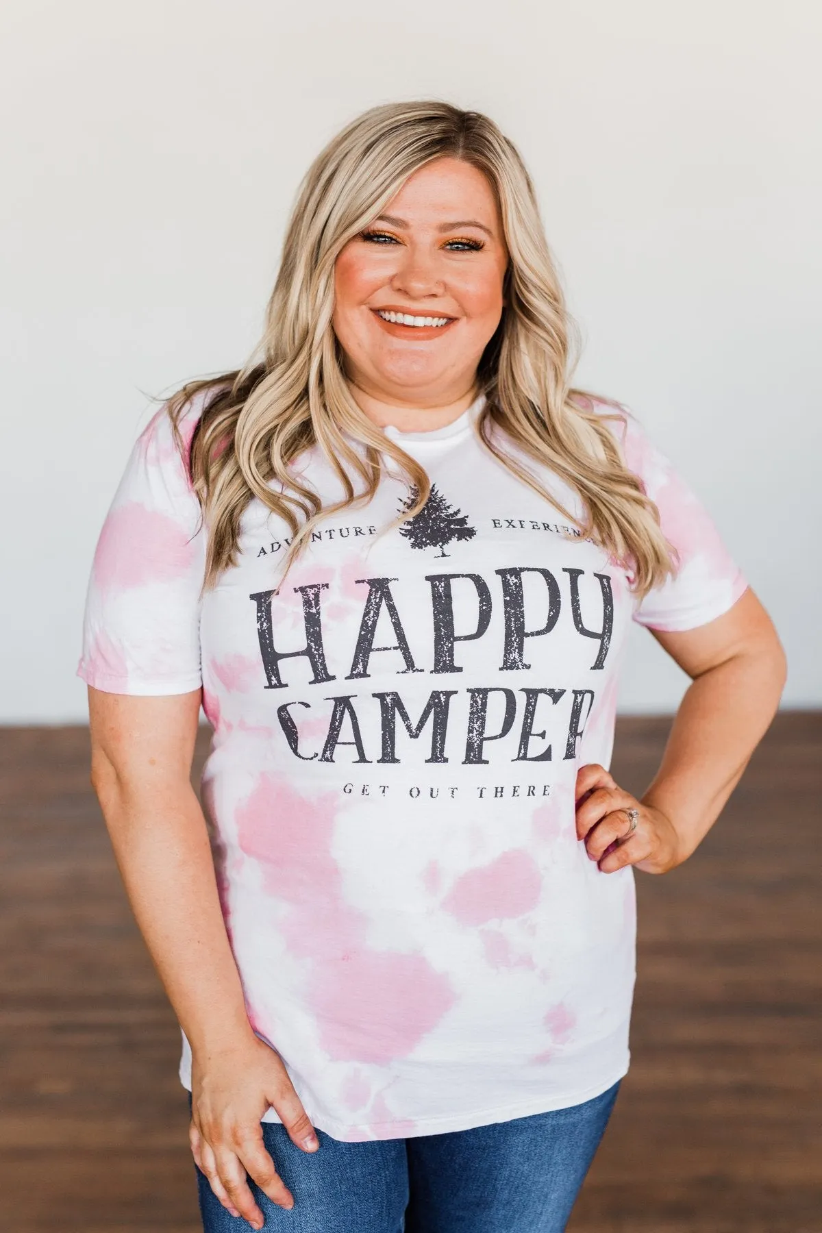 Happy Camper Tie Dye Graphic Tee- Pink & Ivory