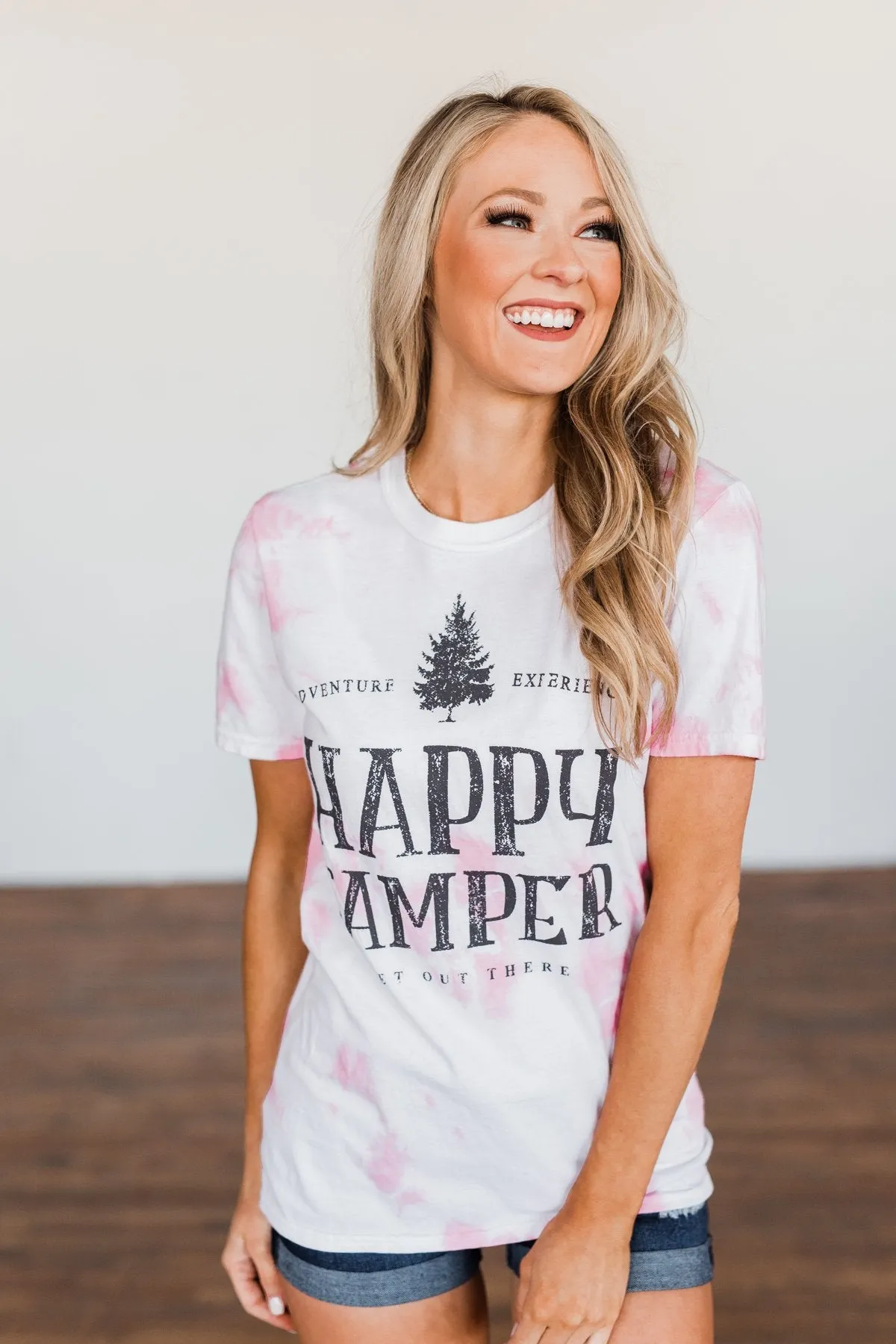 Happy Camper Tie Dye Graphic Tee- Pink & Ivory