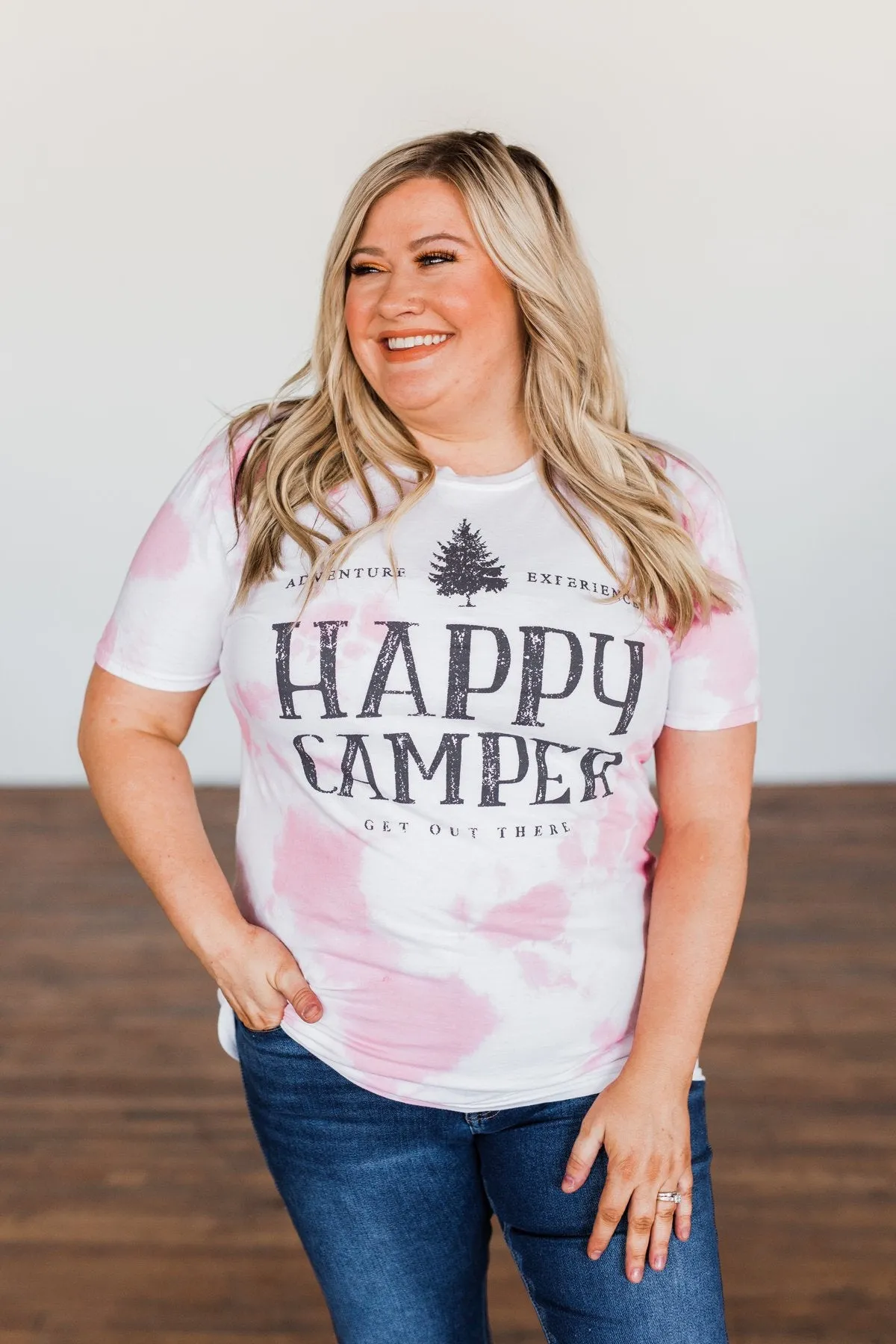 Happy Camper Tie Dye Graphic Tee- Pink & Ivory