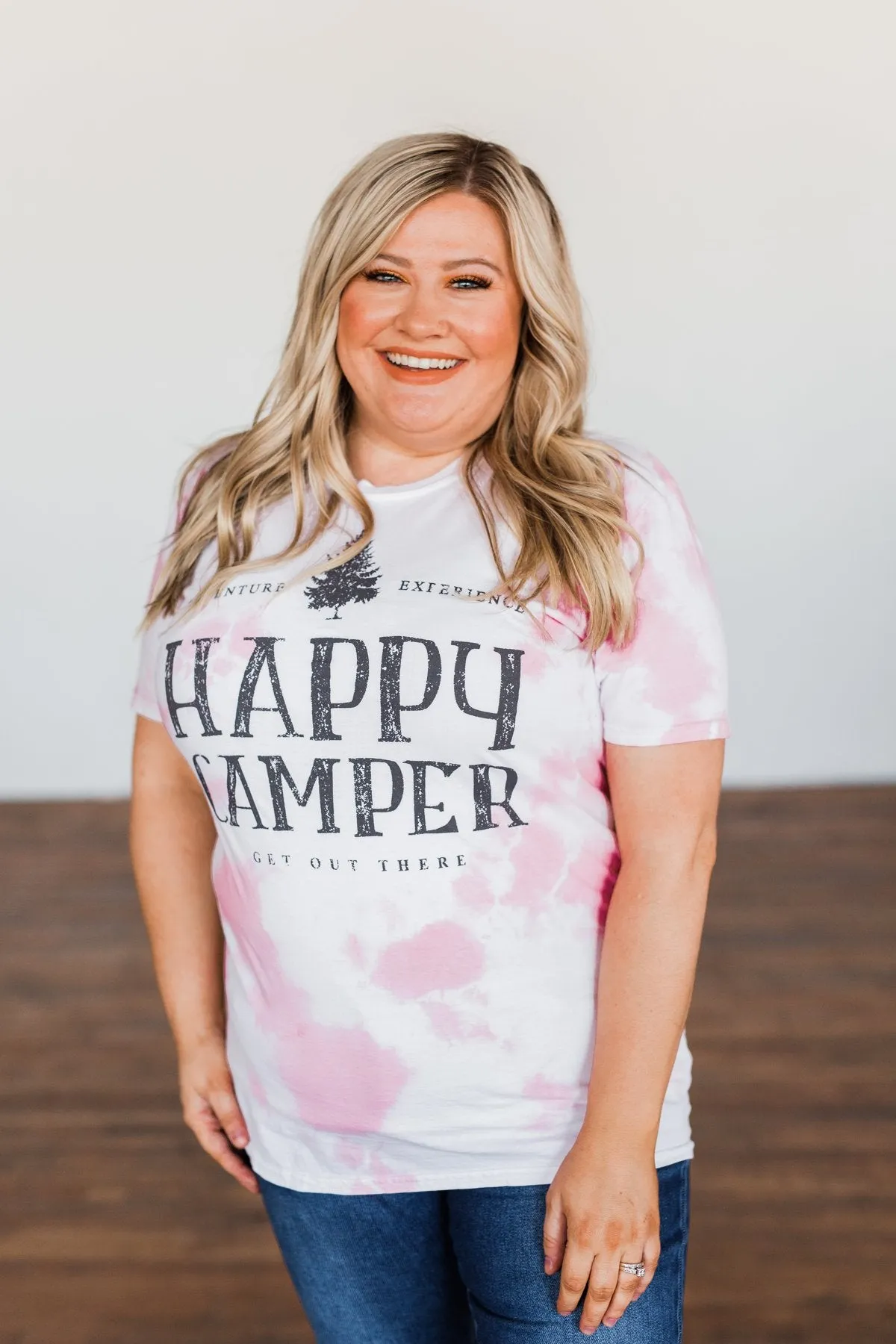 Happy Camper Tie Dye Graphic Tee- Pink & Ivory