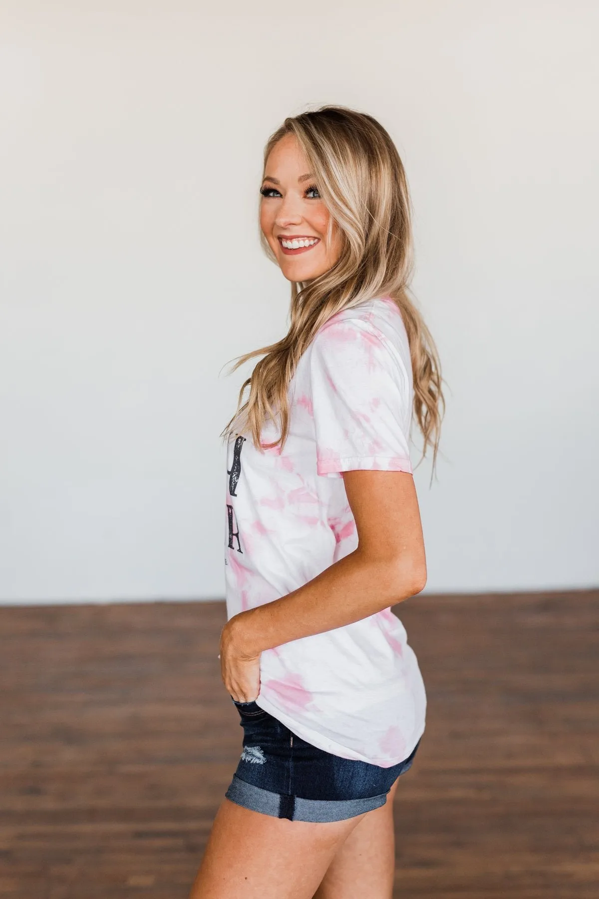 Happy Camper Tie Dye Graphic Tee- Pink & Ivory