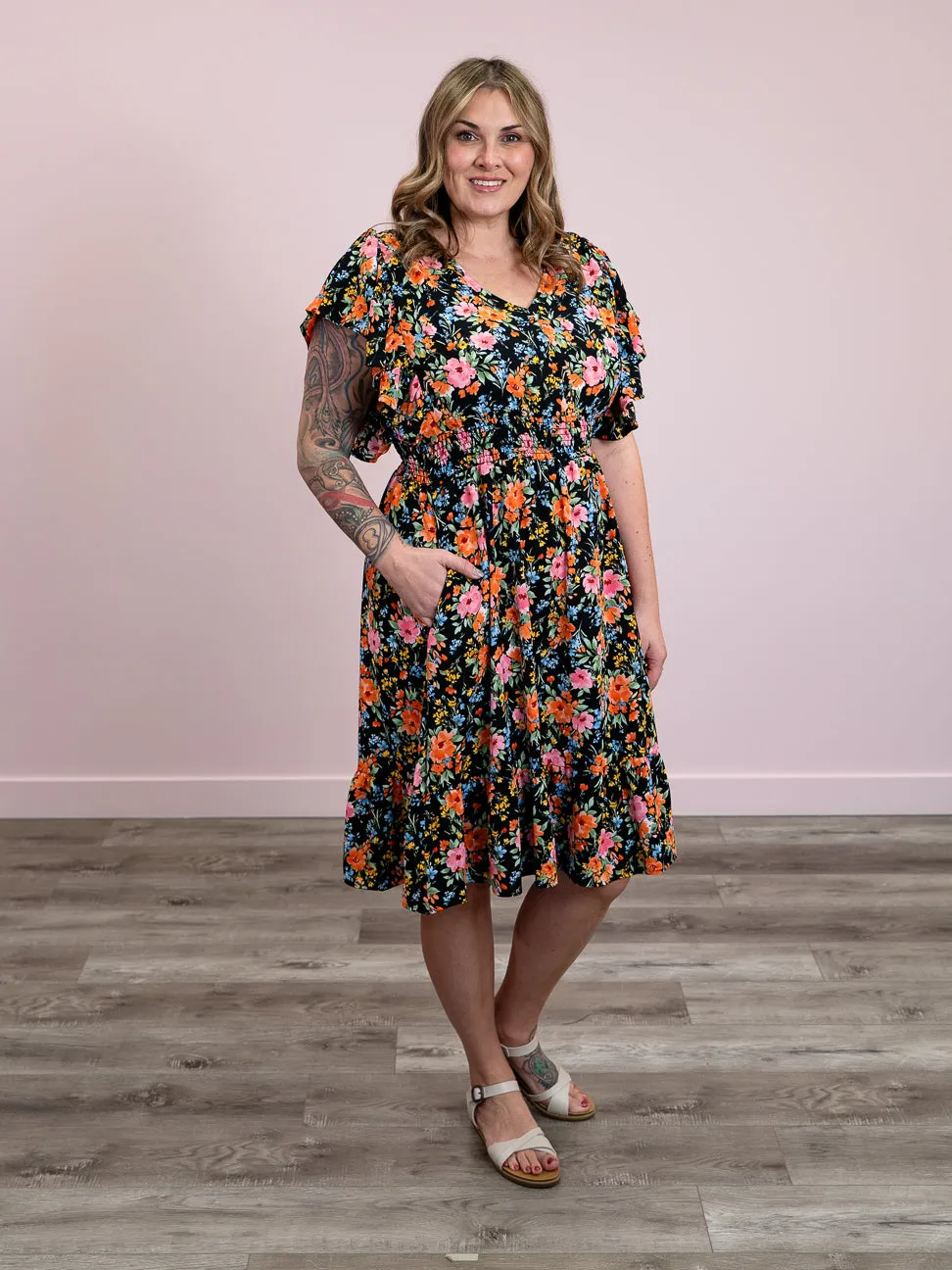 Harriett Floral Fit & Flare Dress | Black