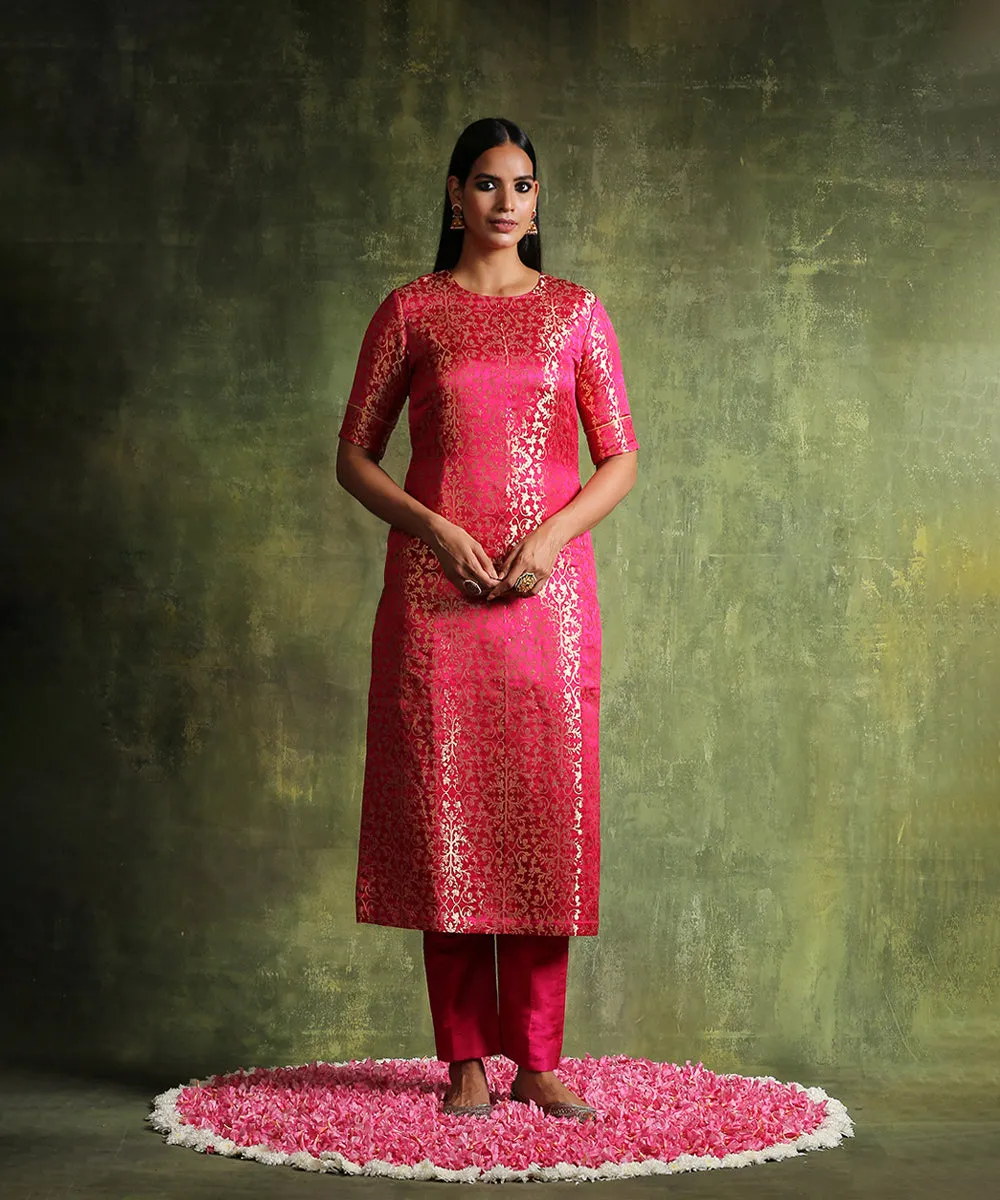 Hot Pink Handloom Pure Katan Silk Banarasi Brocade Kurta With Raw Silk Pants