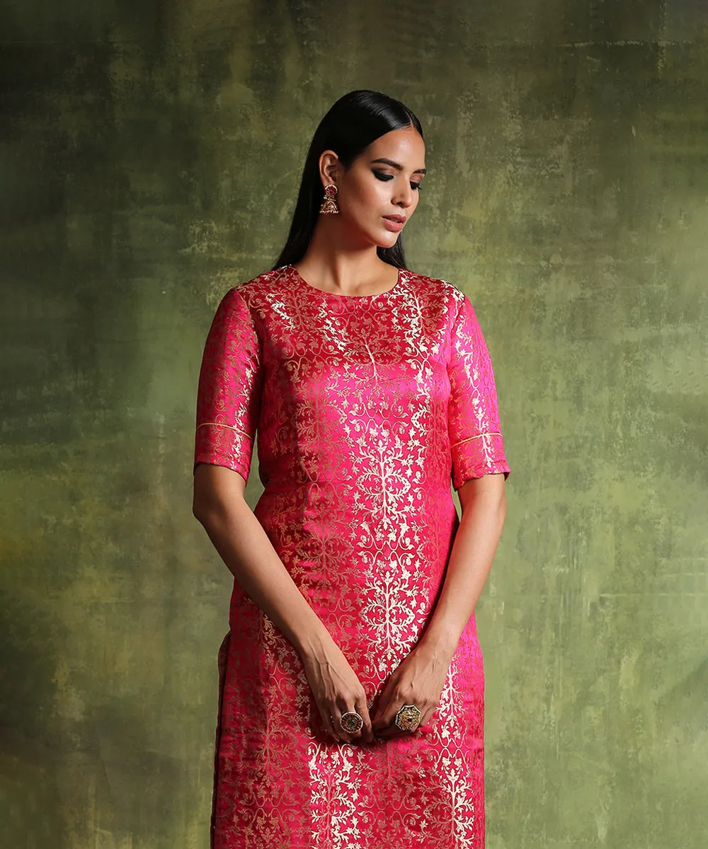 Hot Pink Handloom Pure Katan Silk Banarasi Brocade Kurta With Raw Silk Pants