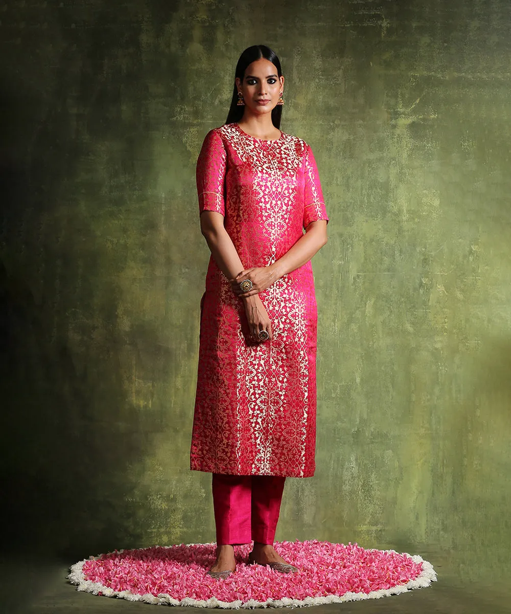 Hot Pink Handloom Pure Katan Silk Banarasi Brocade Kurta With Raw Silk Pants