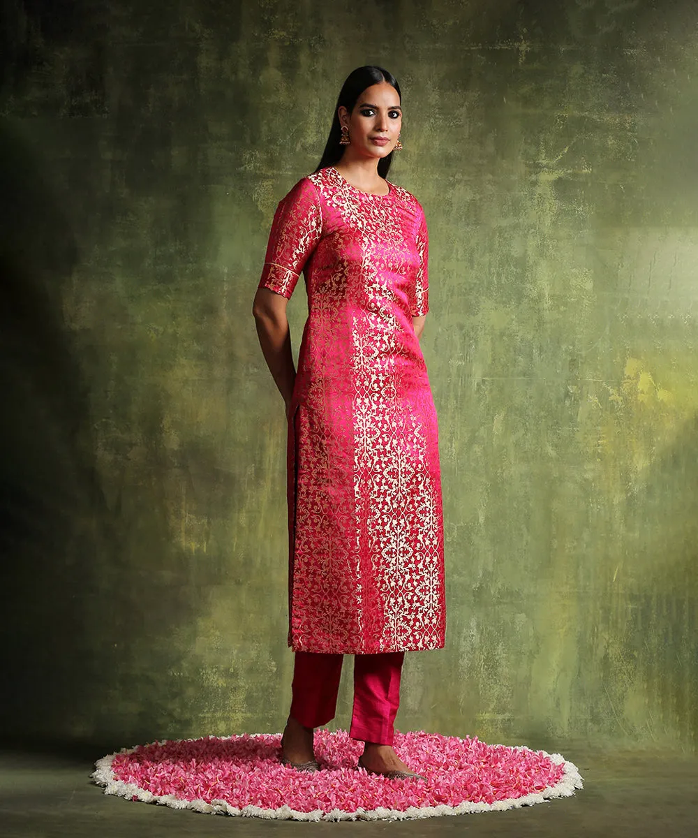 Hot Pink Handloom Pure Katan Silk Banarasi Brocade Kurta With Raw Silk Pants