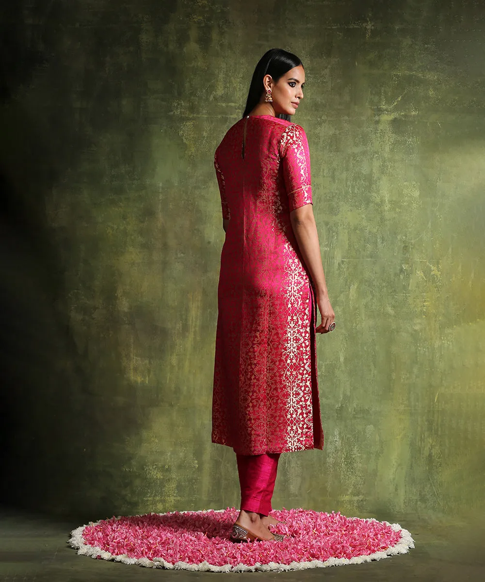 Hot Pink Handloom Pure Katan Silk Banarasi Brocade Kurta With Raw Silk Pants