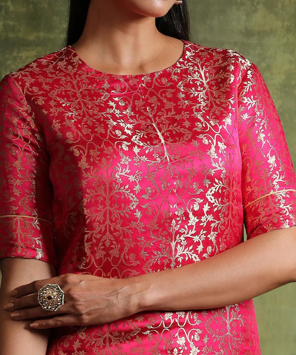 Hot Pink Handloom Pure Katan Silk Banarasi Brocade Kurta With Raw Silk Pants