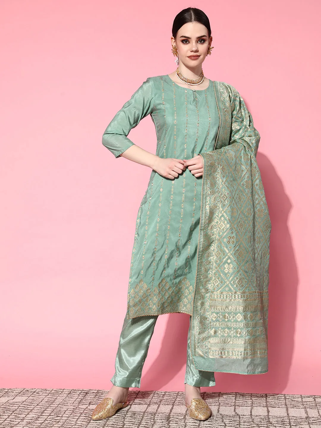 Ishin Women's Brocade Green Woven Design A-Line Kurta Trouser Dupatta Set