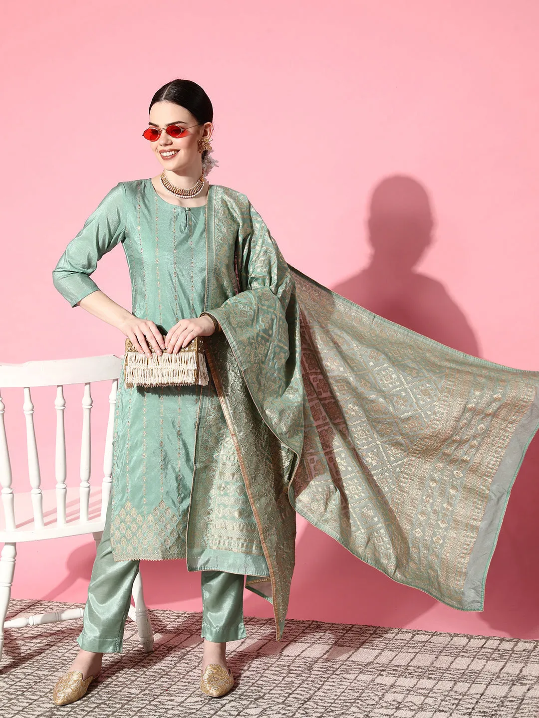 Ishin Women's Brocade Green Woven Design A-Line Kurta Trouser Dupatta Set