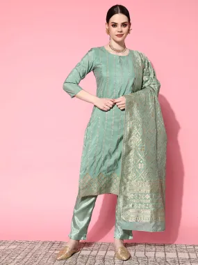 Ishin Women's Brocade Green Woven Design A-Line Kurta Trouser Dupatta Set