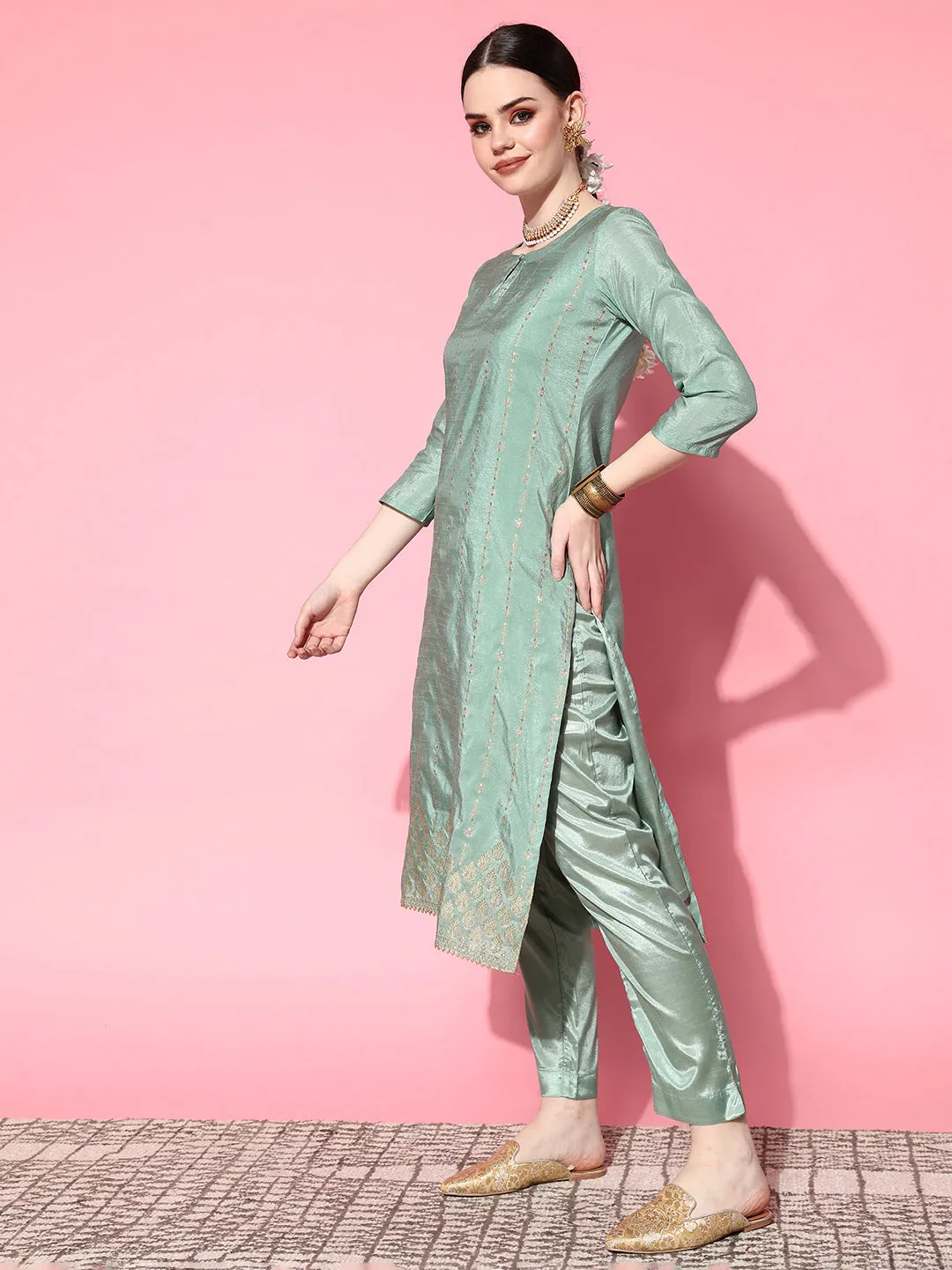 Ishin Women's Brocade Green Woven Design A-Line Kurta Trouser Dupatta Set