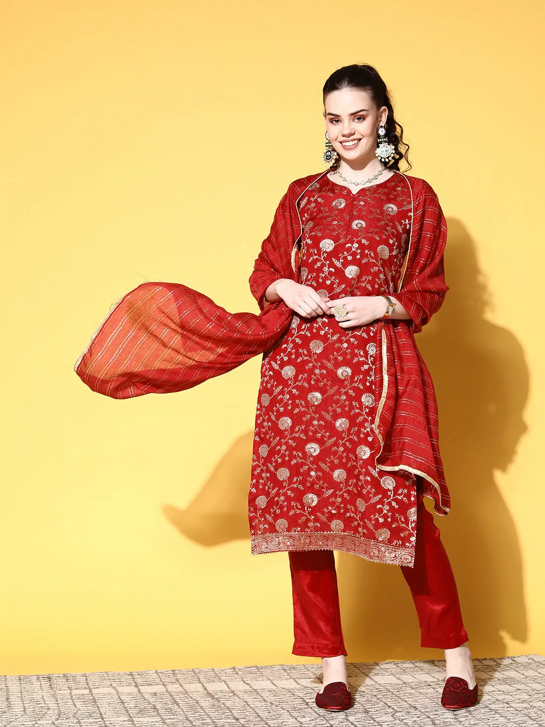 Ishin Women's Brocade Red Woven Design A-Line Kurta Trouser Dupatta Set