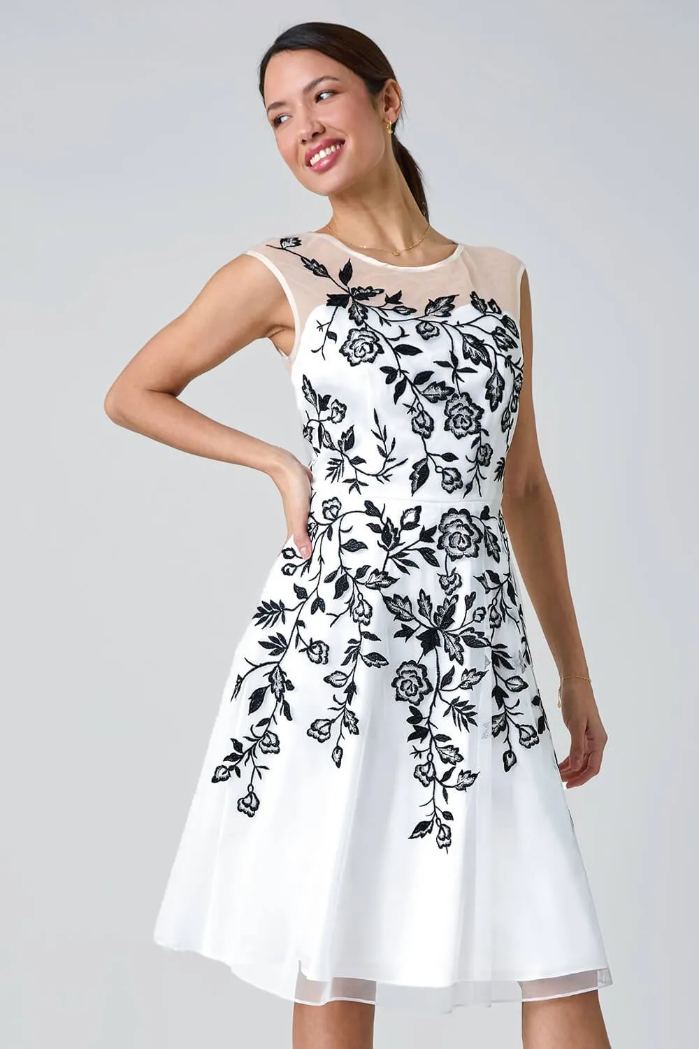 Ivory Floral Embroidered Fit & Flare Dress | Roman UK