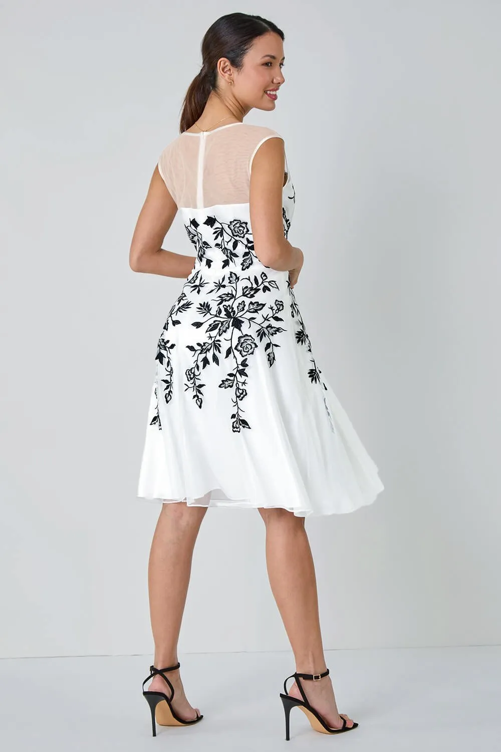 Ivory Floral Embroidered Fit & Flare Dress | Roman UK