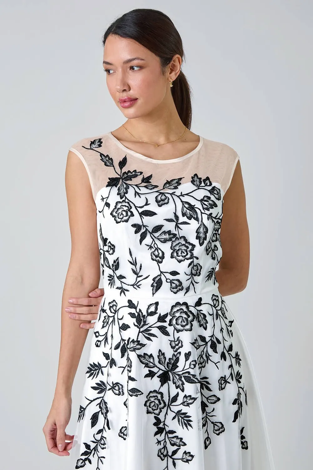 Ivory Floral Embroidered Fit & Flare Dress | Roman UK