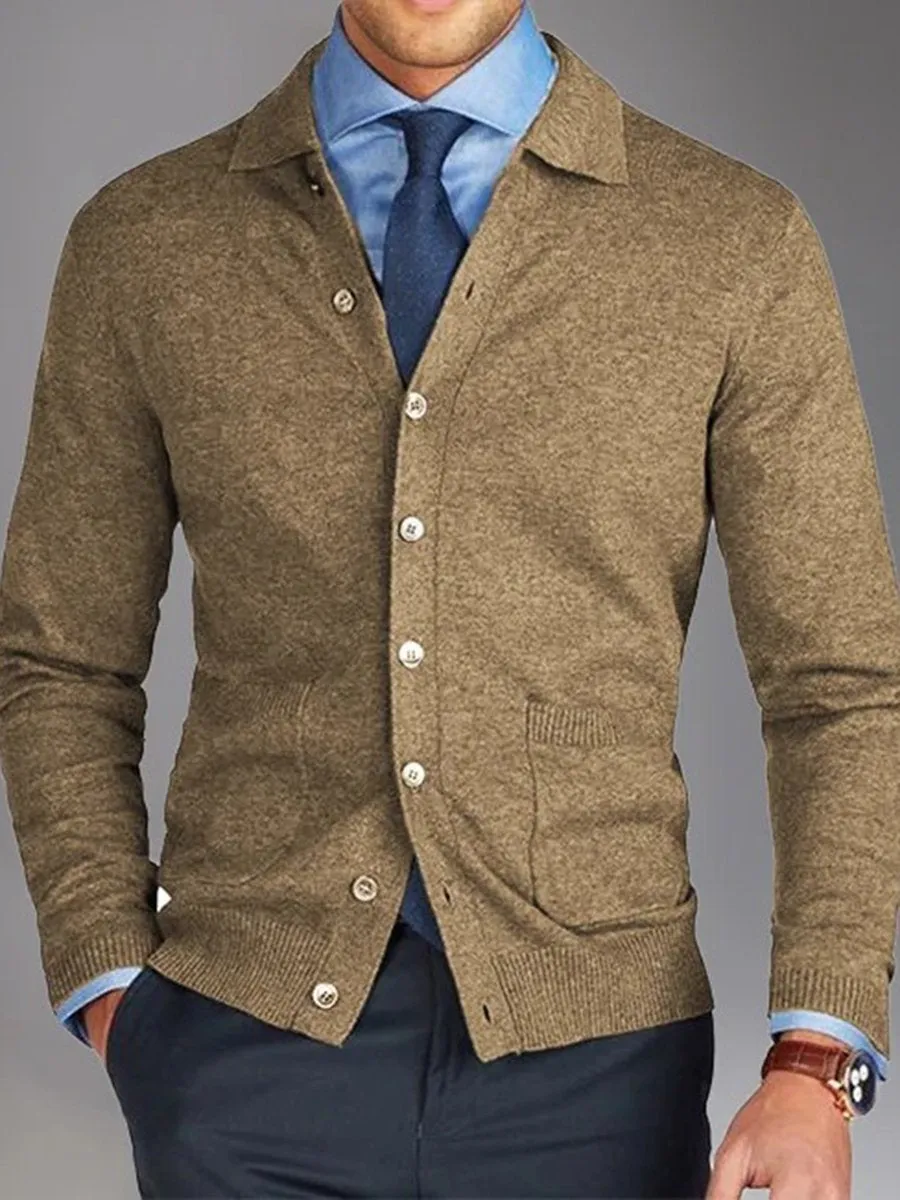 Knitted Single Breasted Turndown Collar Pocket Jacket