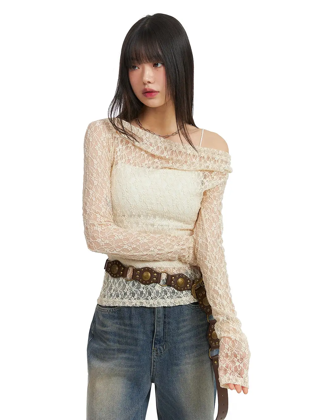 Lace Asymmetrical Floral Lace Long Sleeve Top CJ415