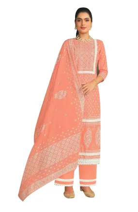 Ladyline Women's Cotton Salwar Kameez - Ethnic Printed with Lace and Hand Work - Mal Cotton Dupatta