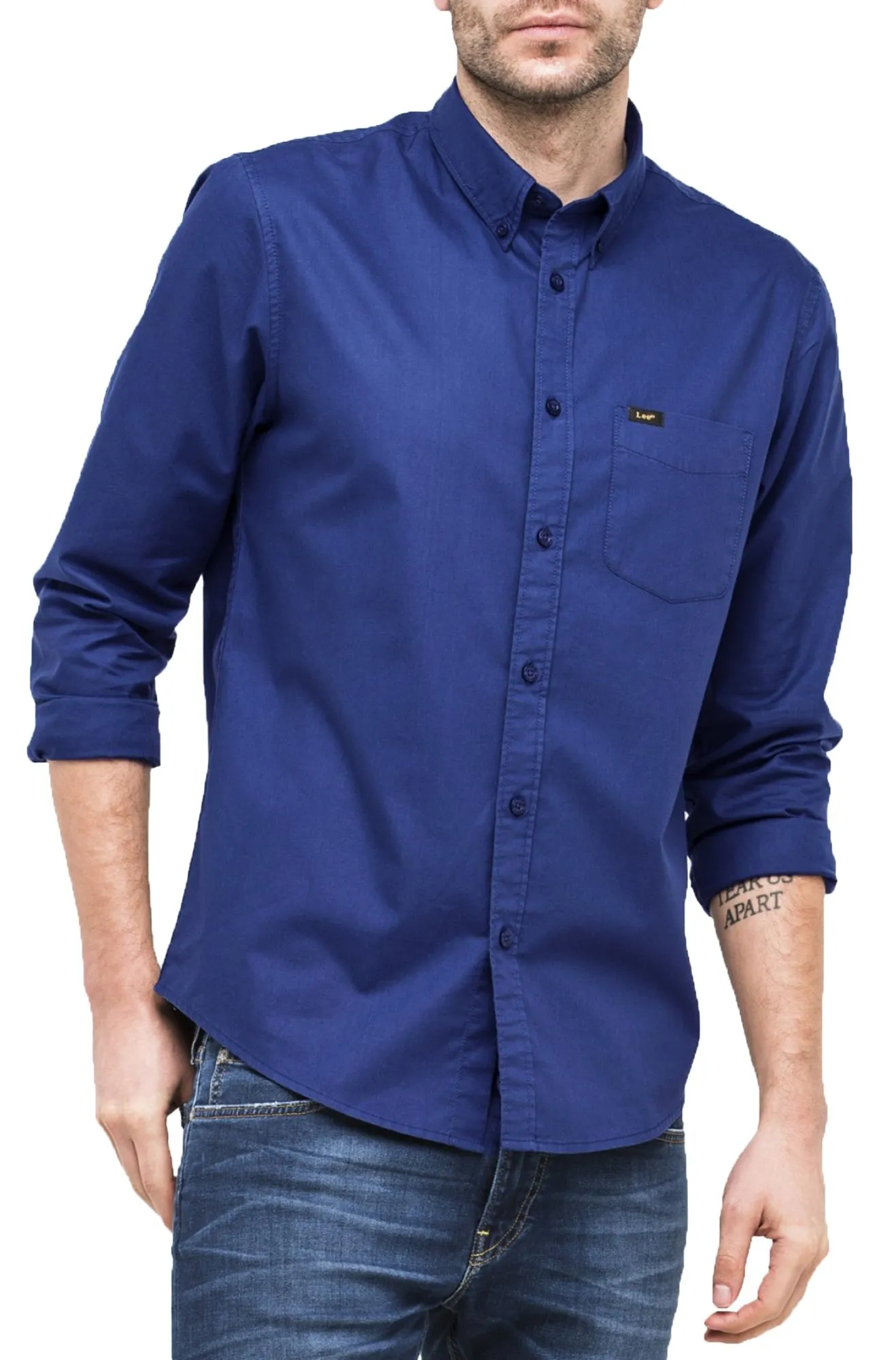 Lee Button Down Long Sleeve Plain Shirt Indigo Flash