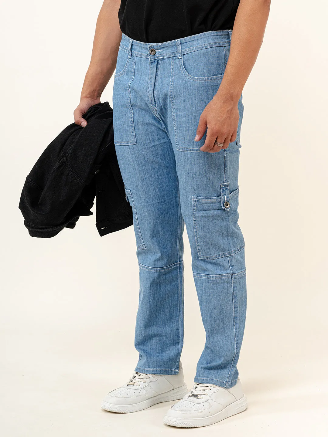 Light Blue Comfort-Fit Cargo Denim Jeans