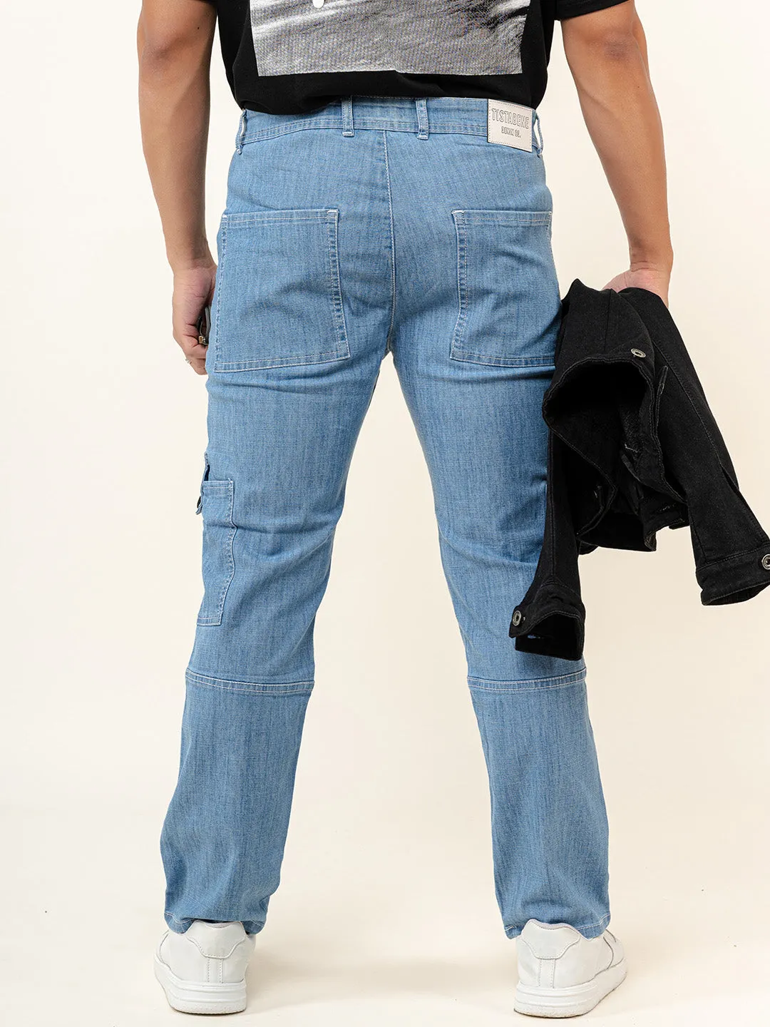 Light Blue Comfort-Fit Cargo Denim Jeans