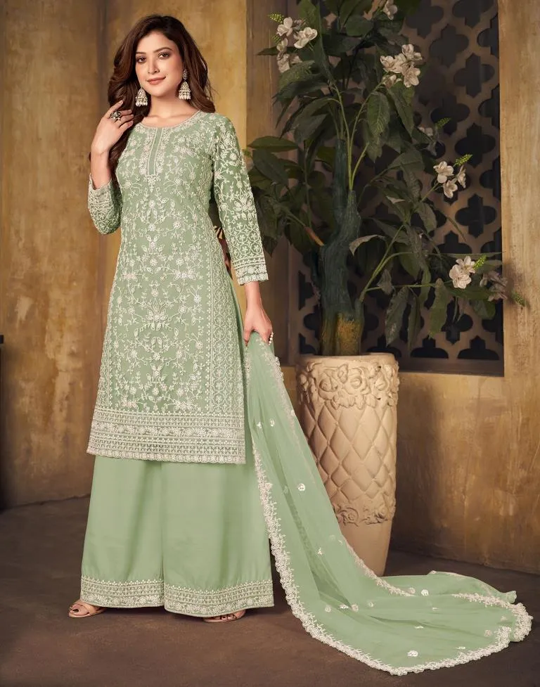 Light Green Plain Net Semi Stitched Salwar Suit Material