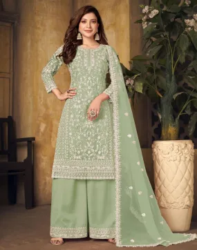 Light Green Plain Net Semi Stitched Salwar Suit Material