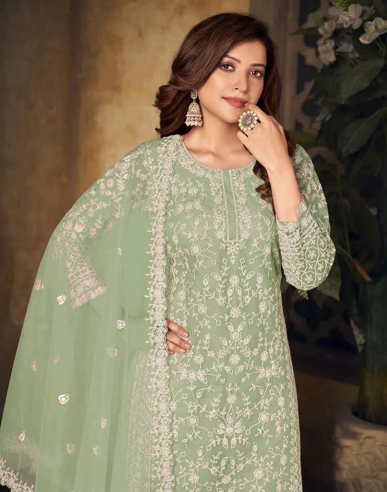 Light Green Plain Net Semi Stitched Salwar Suit Material