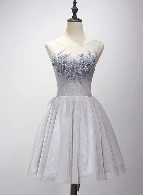 Light Grey Short Applique and Lace Homecoming Dress, Short Prom Dress