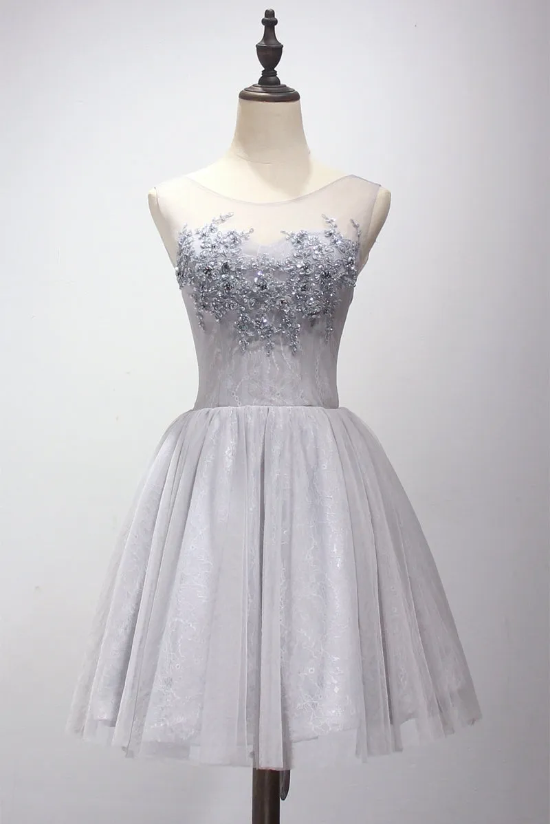 Light Grey Short Applique and Lace Homecoming Dress, Short Prom Dress