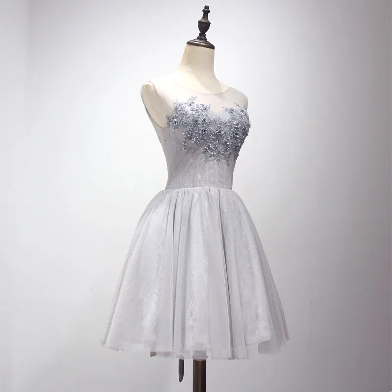 Light Grey Short Applique and Lace Homecoming Dress, Short Prom Dress