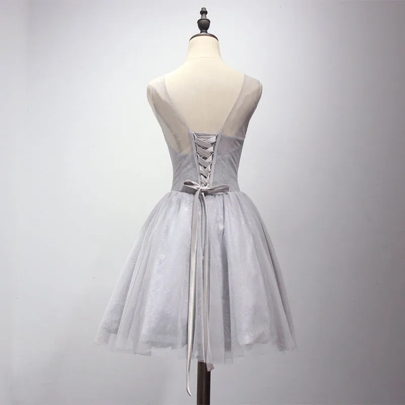 Light Grey Short Applique and Lace Homecoming Dress, Short Prom Dress