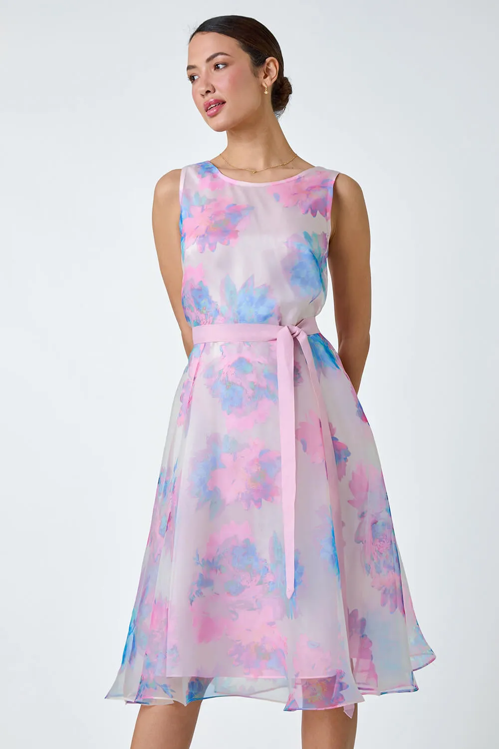 Light Pink Floral Print Organza Fit & Flare Dress | Roman UK