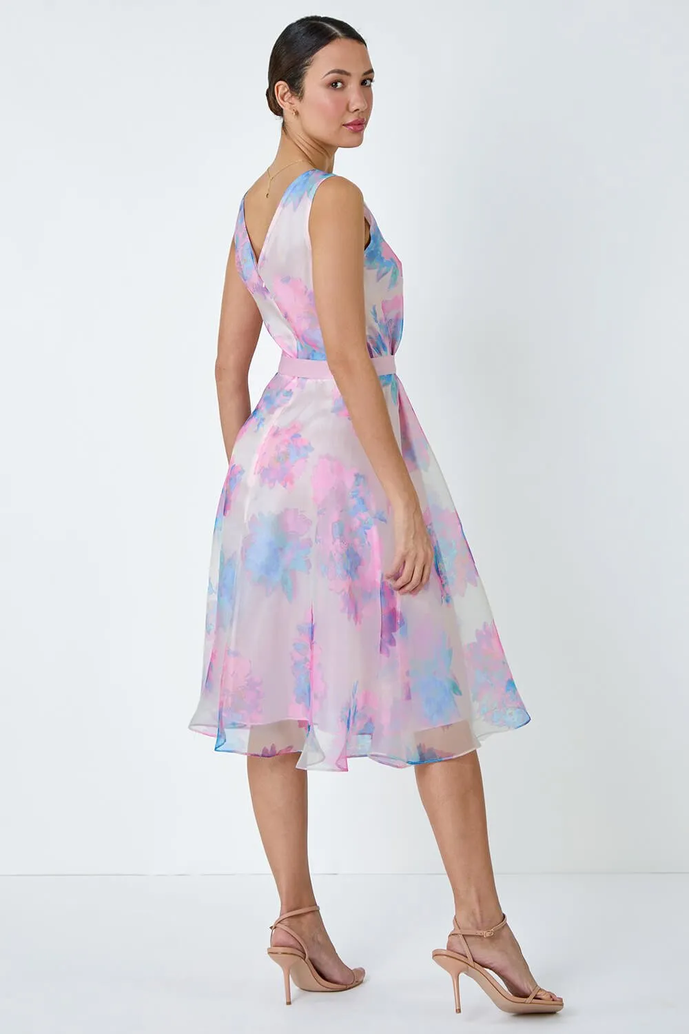 Light Pink Floral Print Organza Fit & Flare Dress | Roman UK