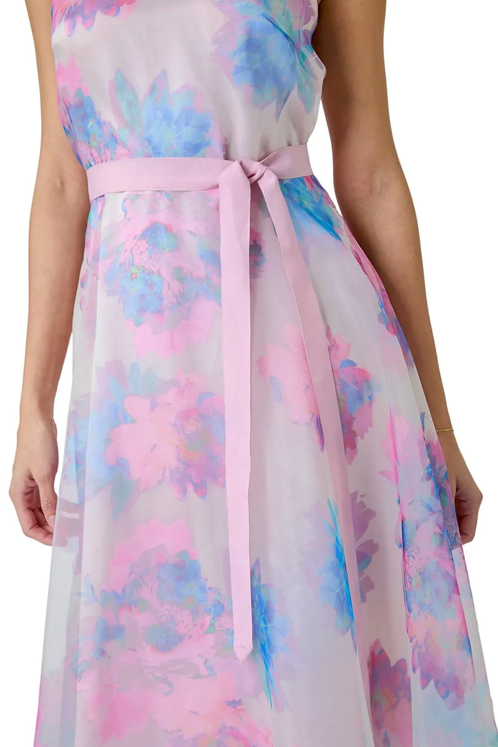 Light Pink Floral Print Organza Fit & Flare Dress | Roman UK