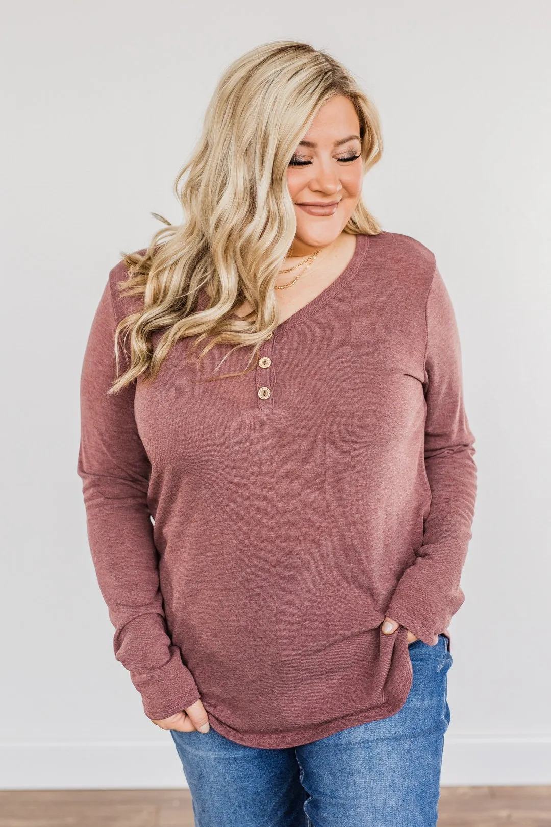 Limitless Moments Long Sleeve Button Top- Burgundy