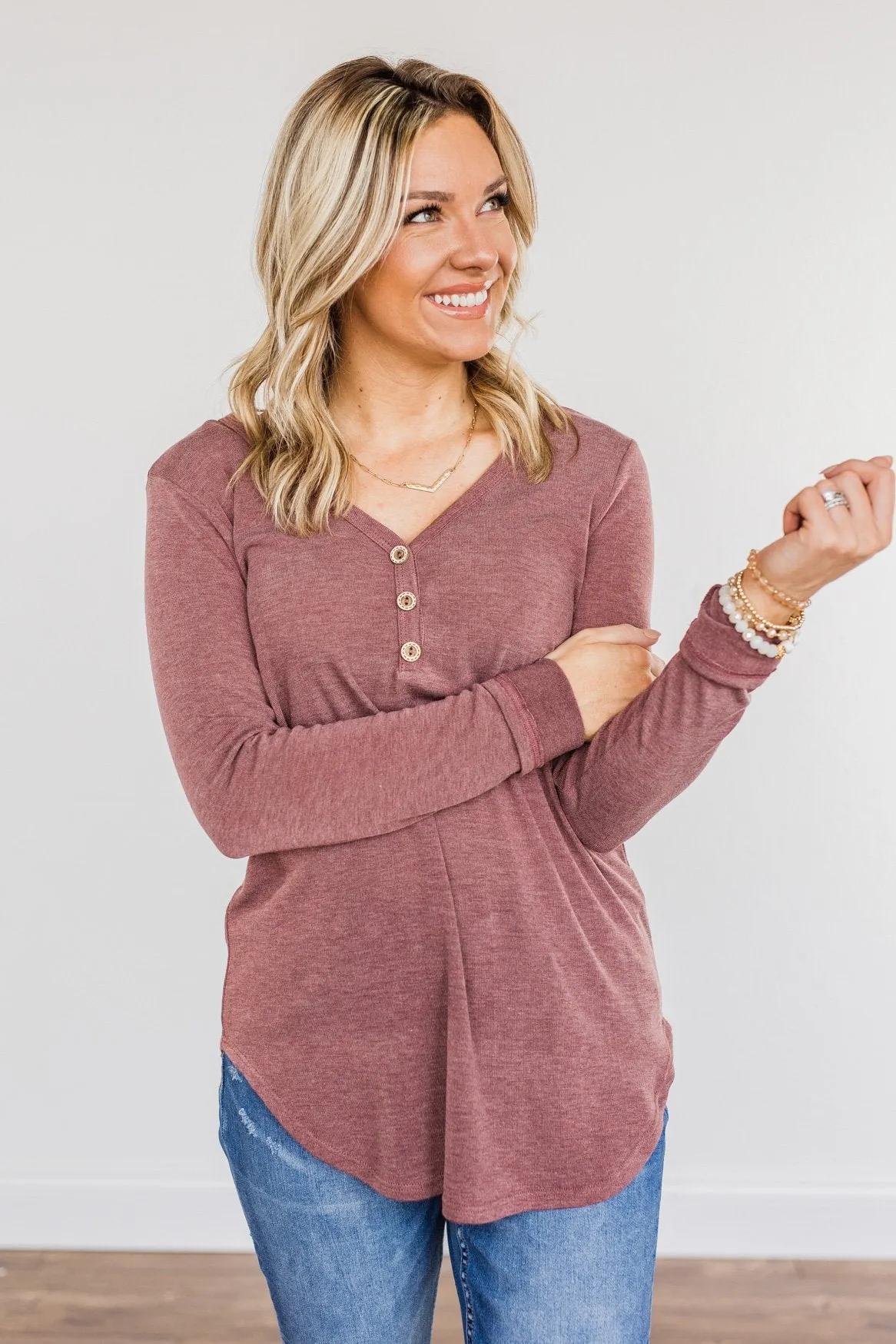 Limitless Moments Long Sleeve Button Top- Burgundy