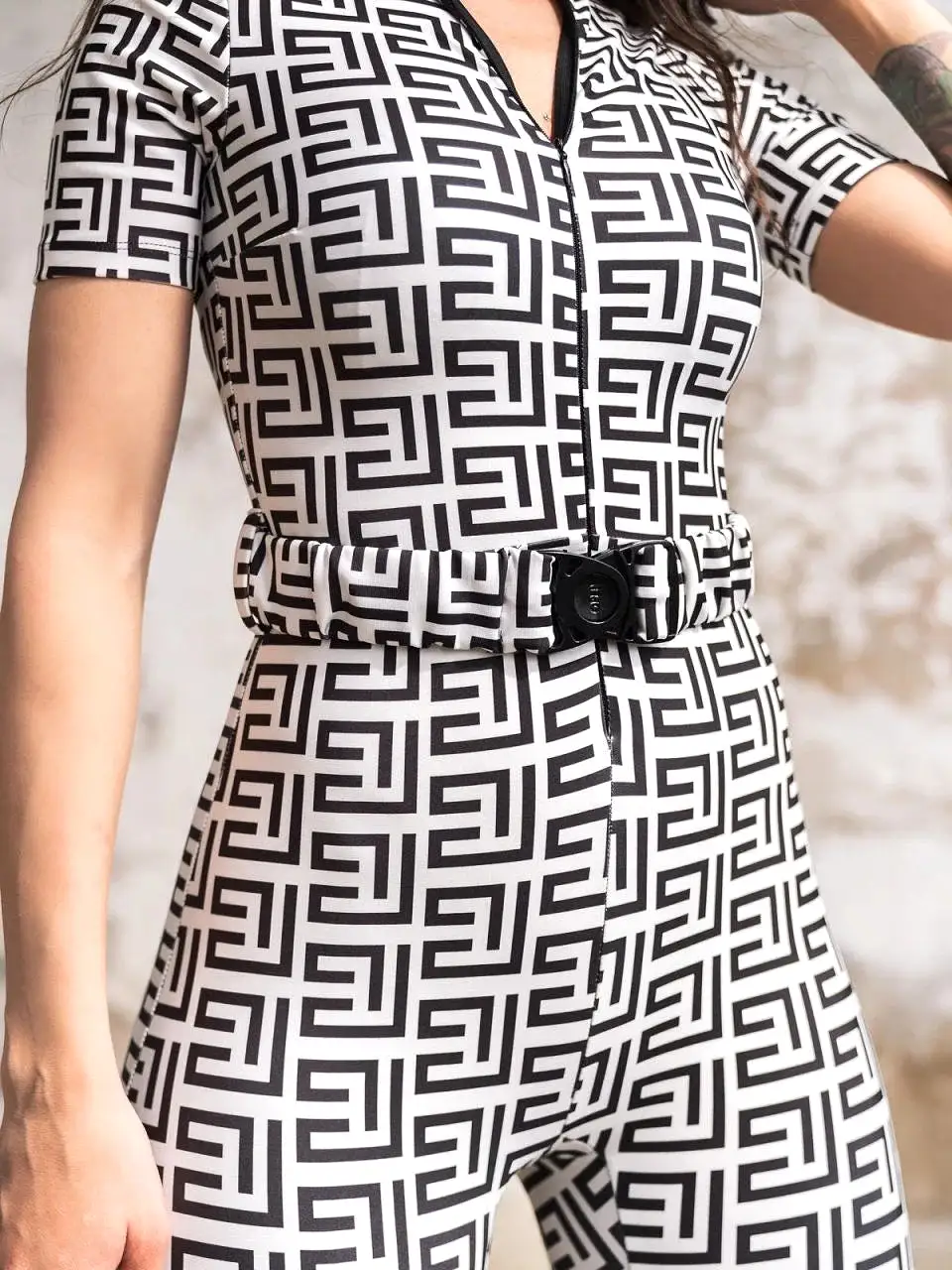 Lismina With Belt Jumpsuit White Black Square