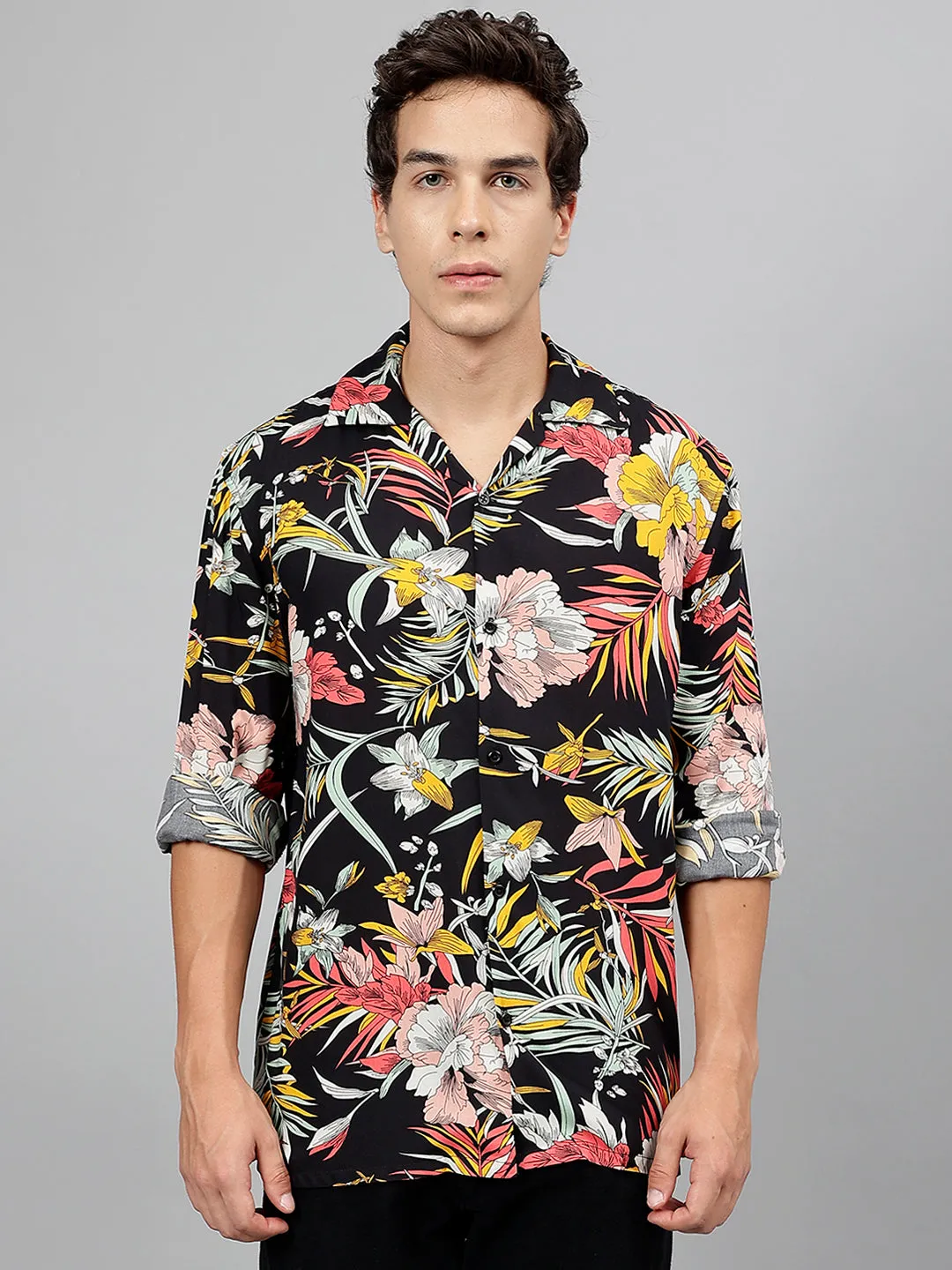 Men Black & Yellow Floral Printed Viscose Rayon Relaxed Fit Casual Resort Shirt