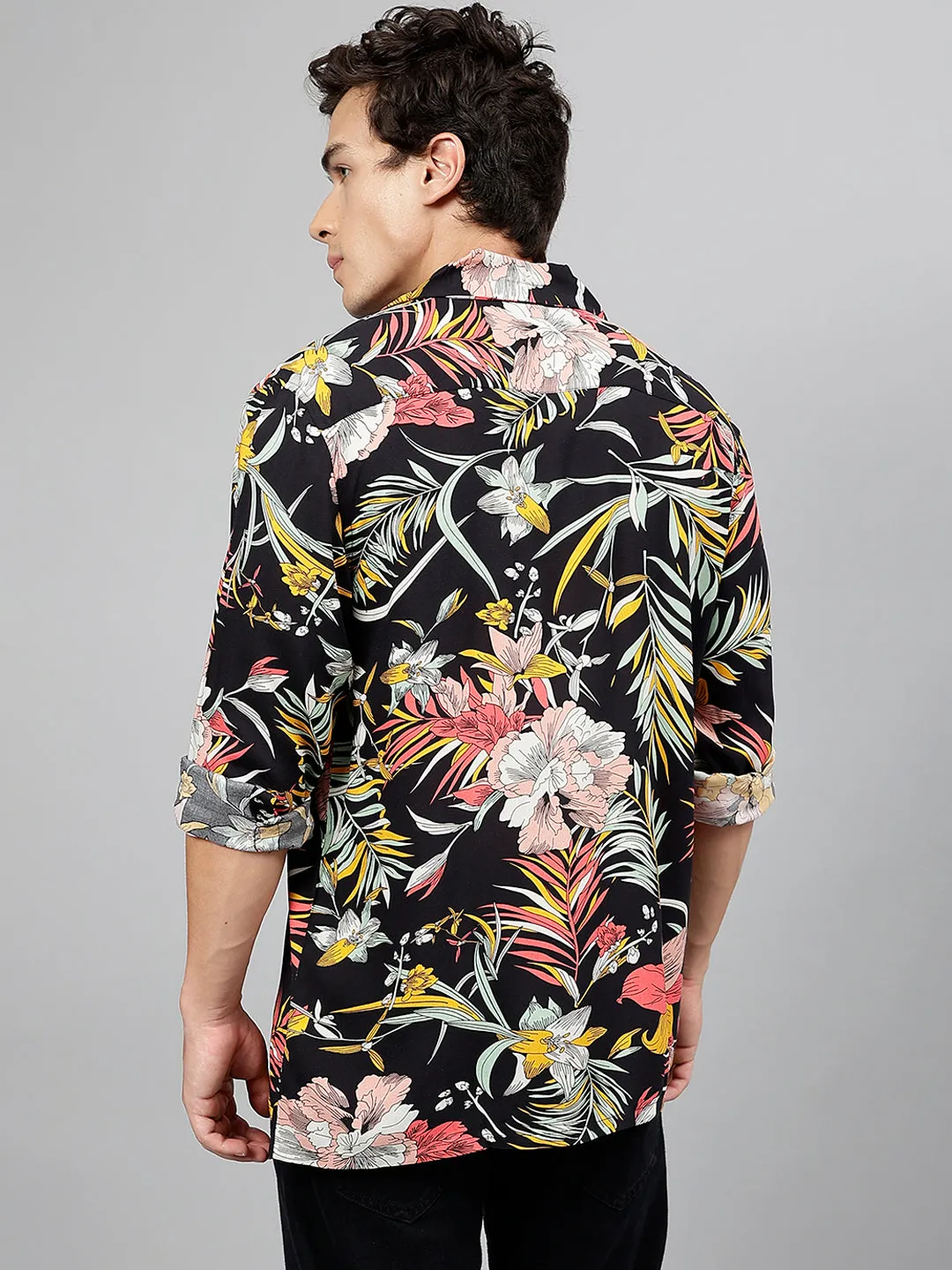 Men Black & Yellow Floral Printed Viscose Rayon Relaxed Fit Casual Resort Shirt