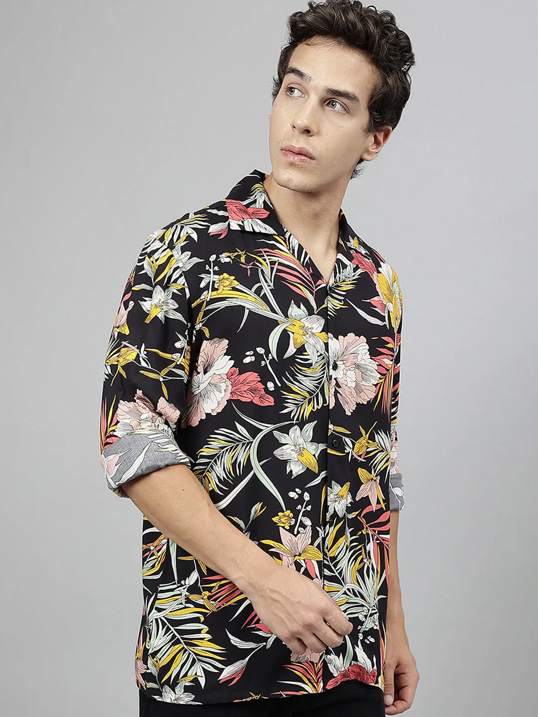 Men Black & Yellow Floral Printed Viscose Rayon Relaxed Fit Casual Resort Shirt