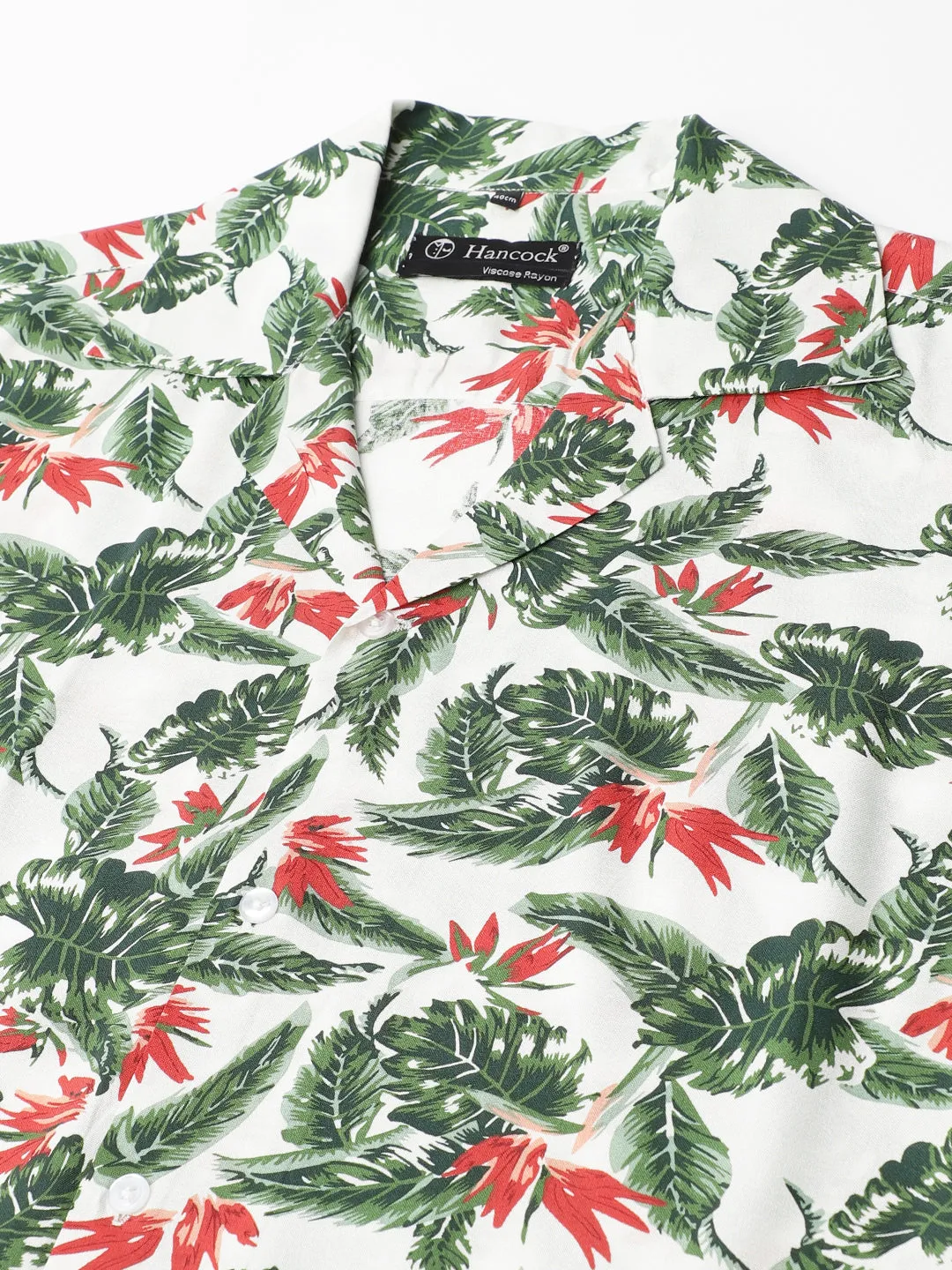 Men White & Green Floral Printed Viscose Rayon Regular Fit Resort Shirt