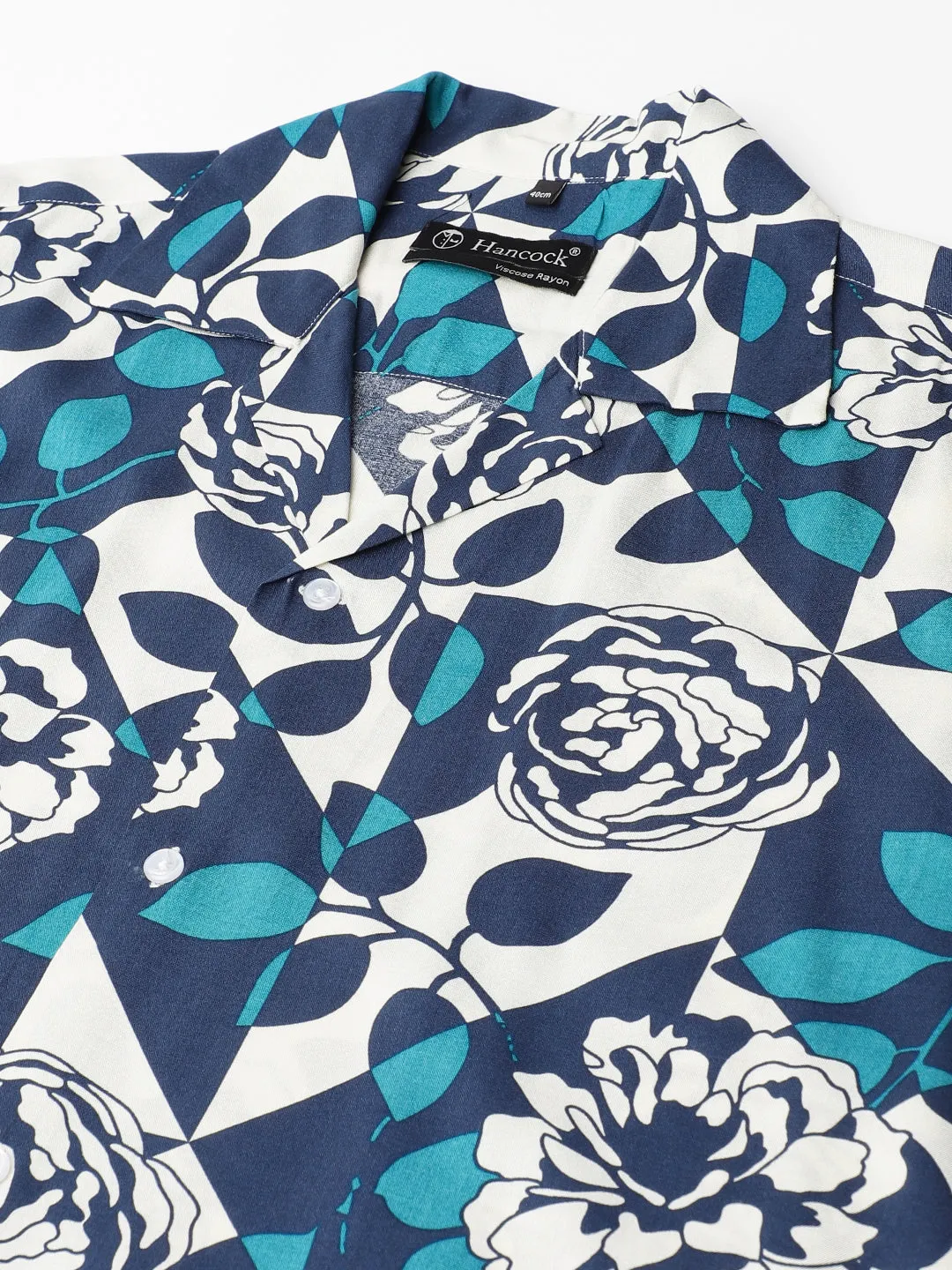 Men White & Navy Blue Floral Printed Viscose Rayon Regular Fit Resort Shirt